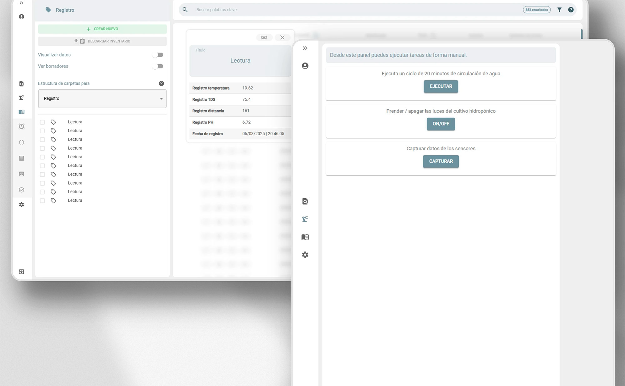View of records and control interface for the hydroponic garden