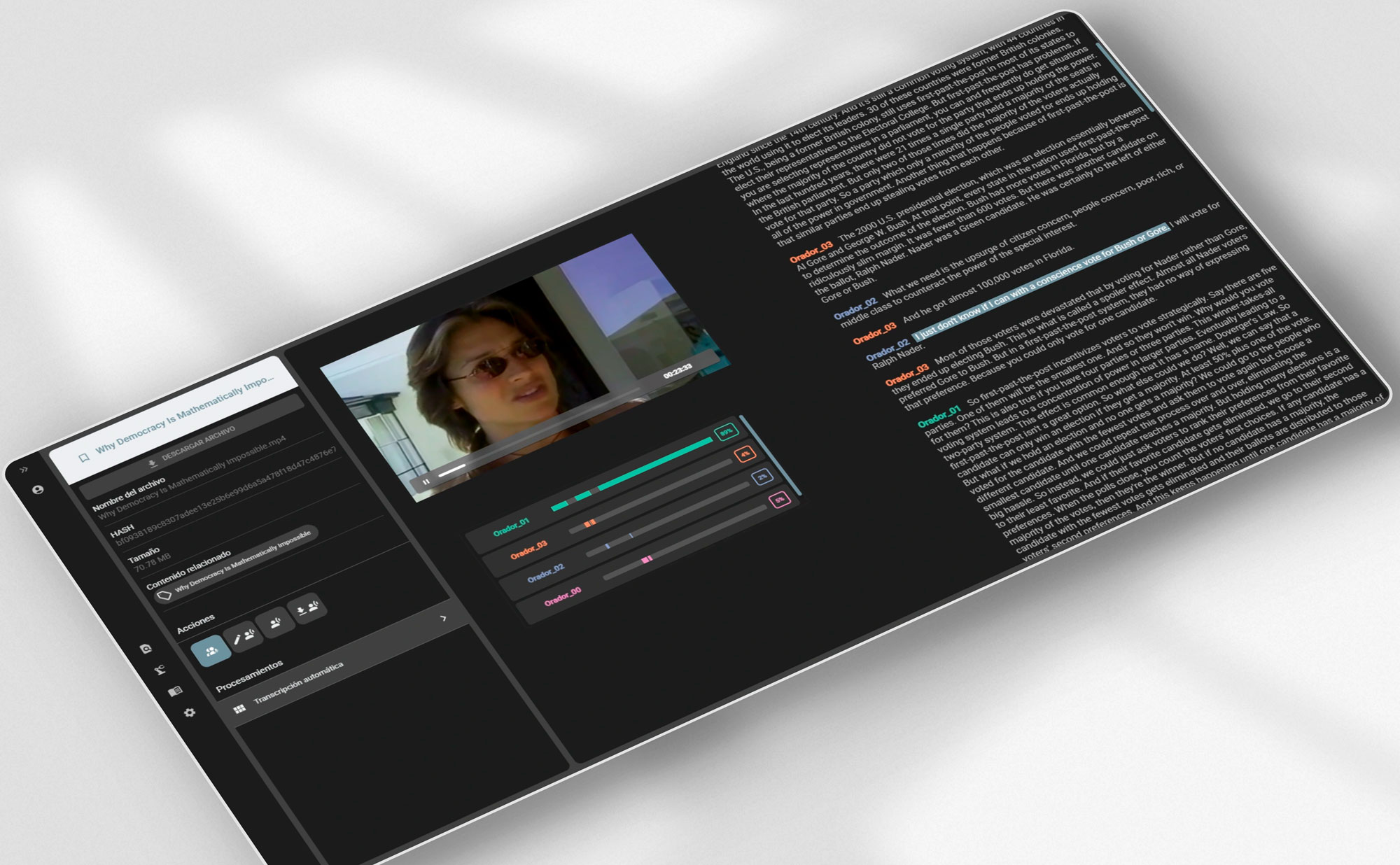 Automatic transcription for videos with speaker statistics