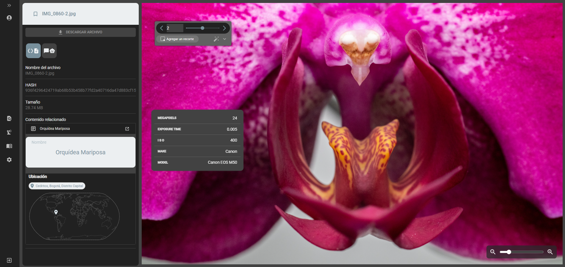 Image view with Exif and cataloging metadata