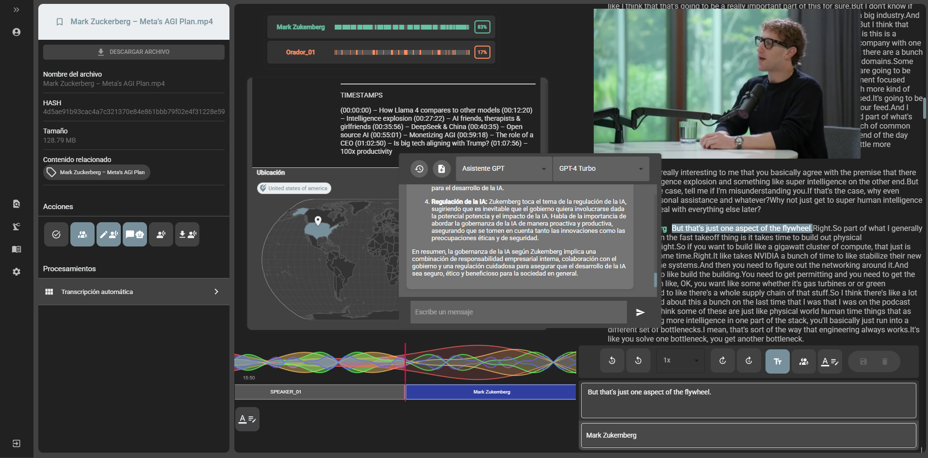 Automatic video transcription with speaker statistics and advanced subtitle editing